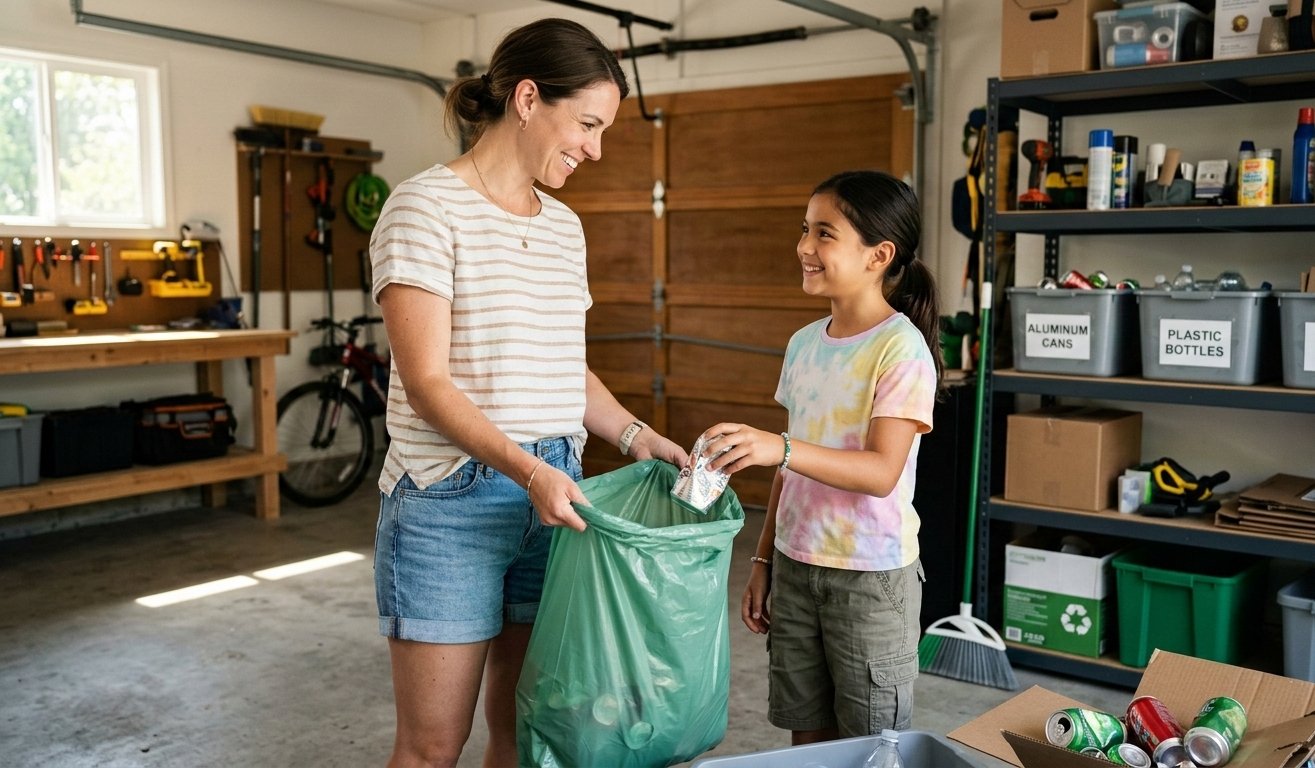 Mother and daughter filling recycling bag in garage