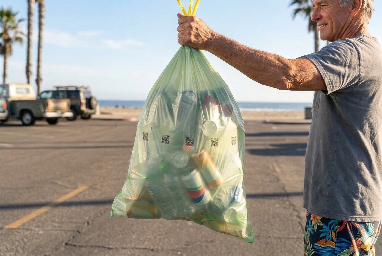 Man holding full recycling bag at California beach