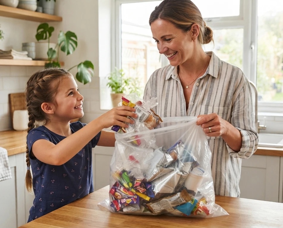 Mother and daughter filling a recycling bag together in their kitchen