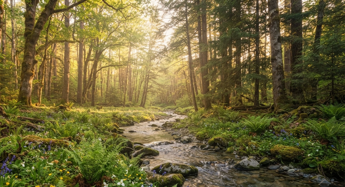 Sunlit forest clearing with a clear stream winding through ferns and wildflowers