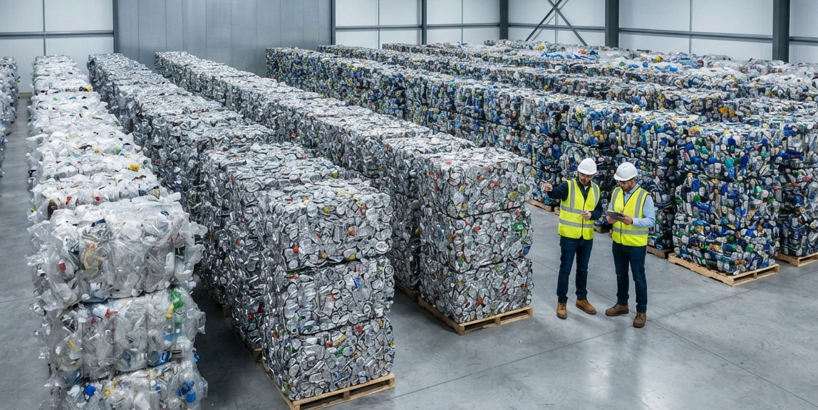 Two inspectors in hard hats and hi-vis vests reviewing a tablet among rows of baled recyclables in a warehouse