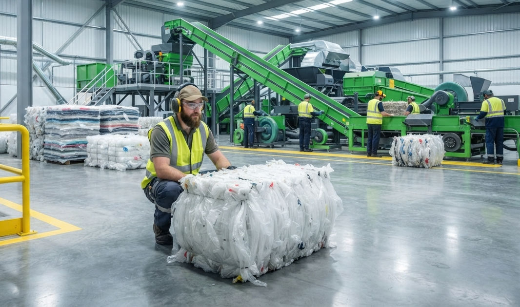 Worker in a hi-vis vest with a baled load of recovered plastic on the floor of a recycling processing plant