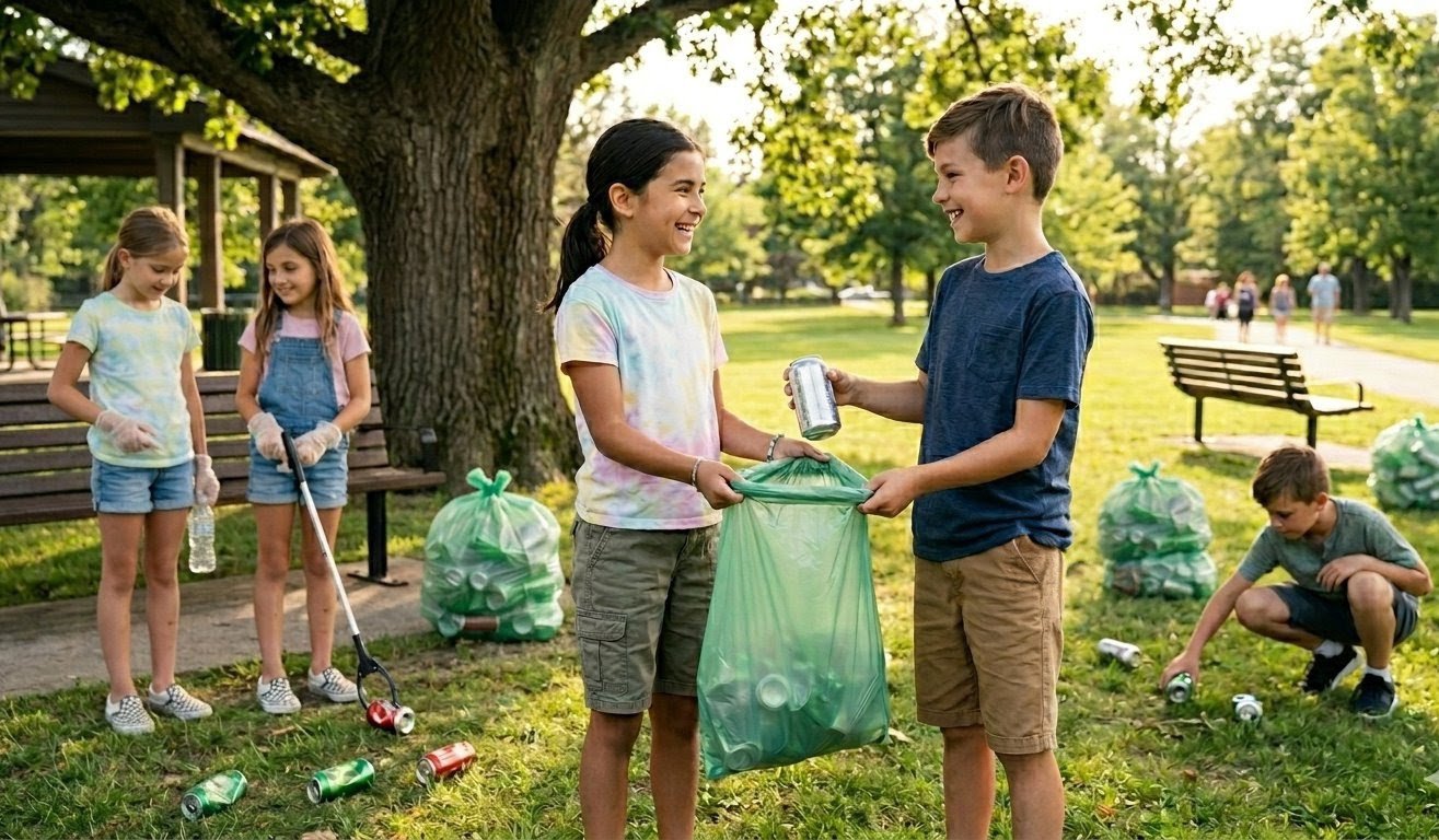 Kids collecting cans at the park