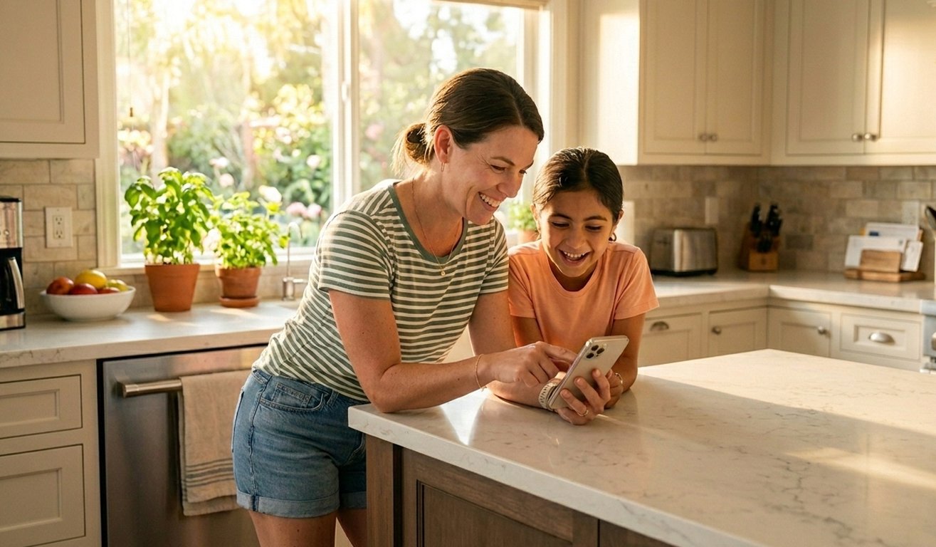 Mother and daughter checking balance on phone