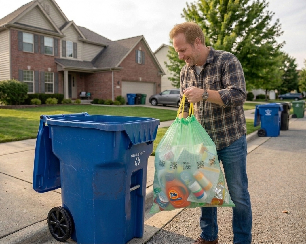 Man placing Incentra bag into curbside recycling bin